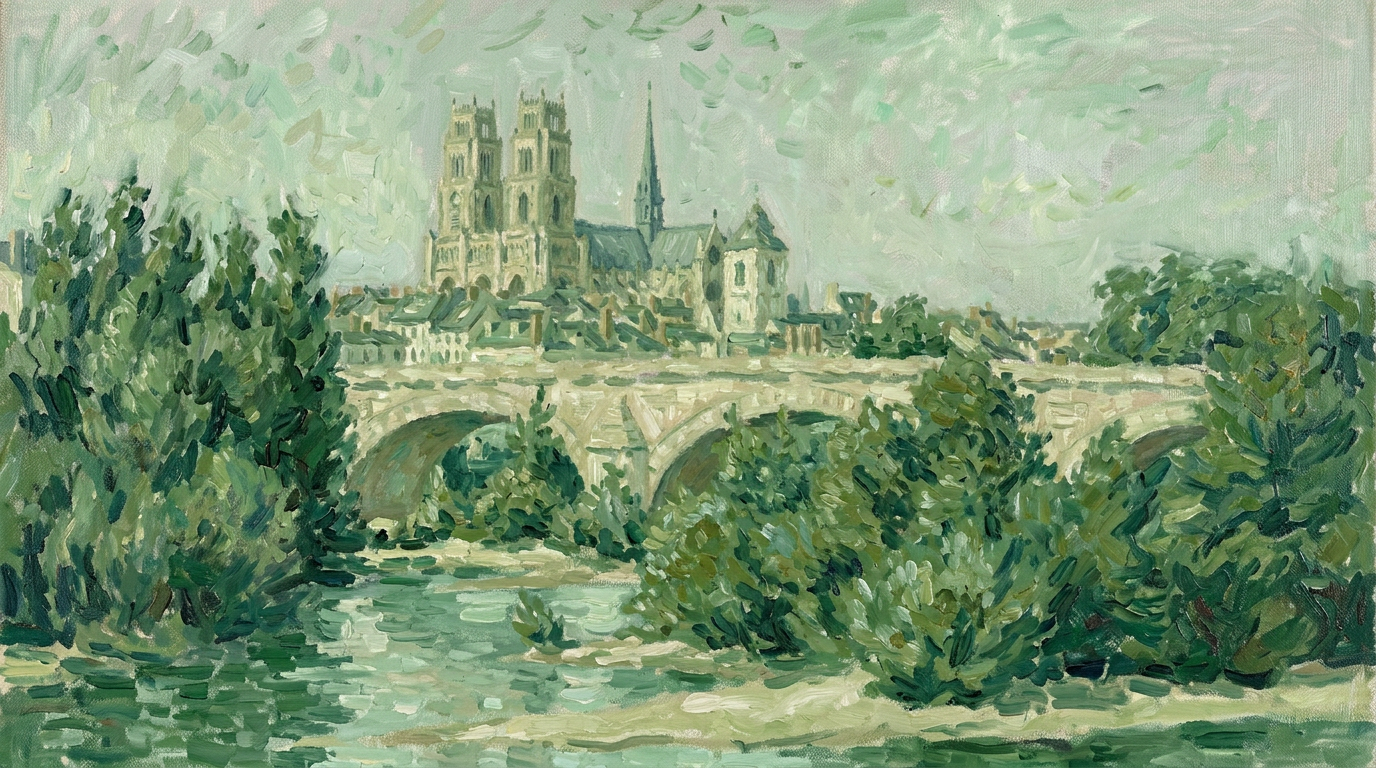 Illustration : vue réelle interprétée d'Orléans, de la Loire et du pont George-V
